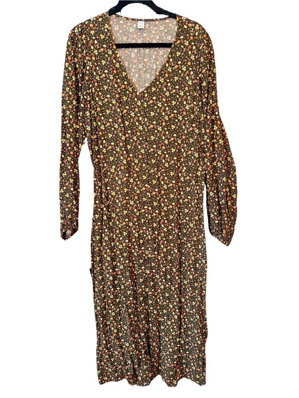 Old Navy Tall Floral Midi Dress | Olive Green | V-Neck | Large Tall Cottagecore